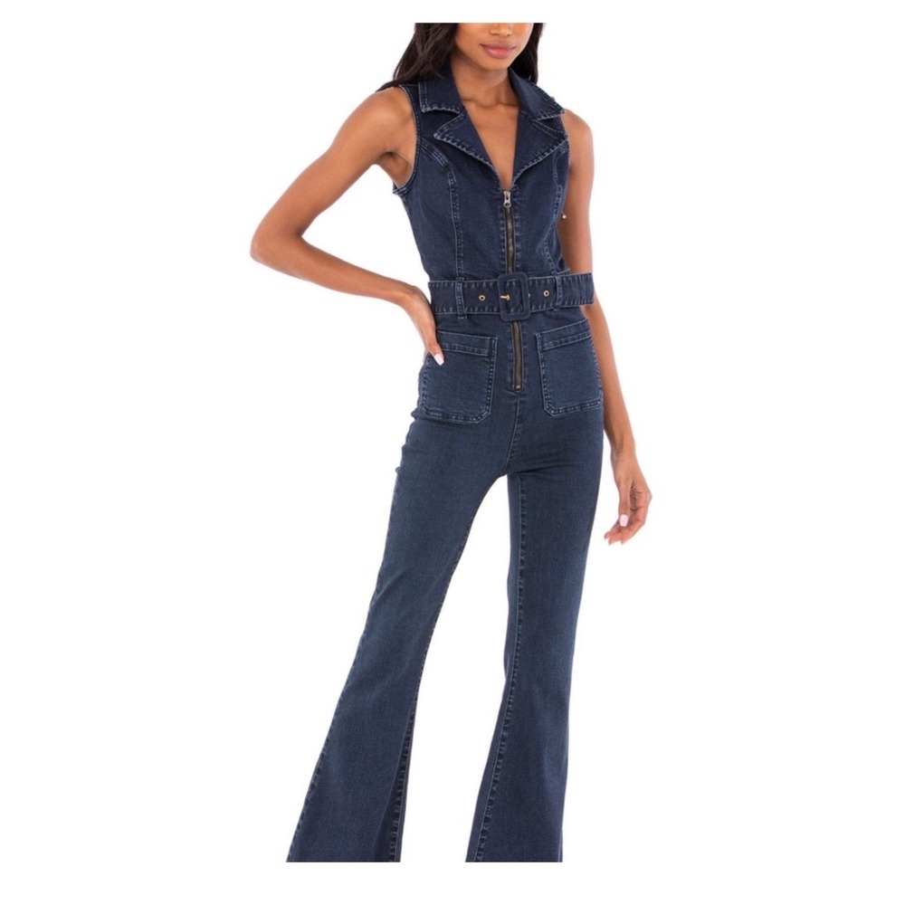 Show Me Your Mumu Womens Denim Jumpsuit Dark Wash Flare Leg Belted XL Sleeveless - Picture 3 of 9